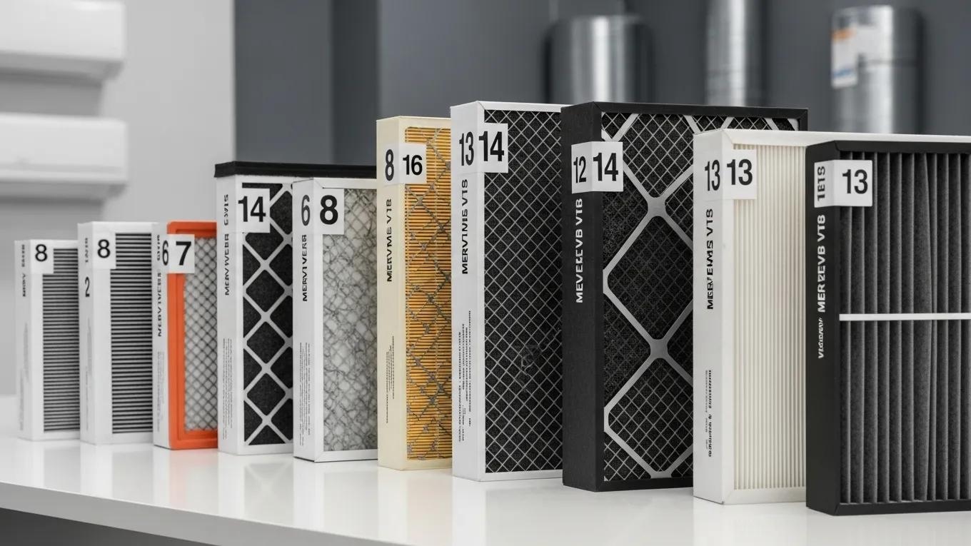 Different HVAC air filters showcasing various MERV ratings for air quality improvement