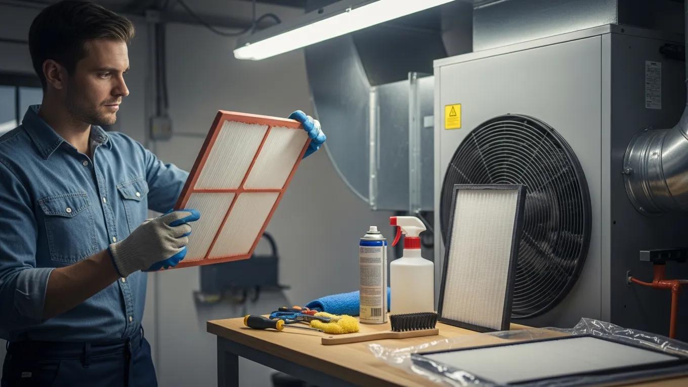 Person inspecting an HVAC air filter with tools, emphasizing the importance of regular maintenance